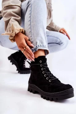 Best Zamszowe Wiosenne Botki Trapery Z Przeszyciami Czarne Layden Damskie Botki Wiosenne|Damskie Trapery