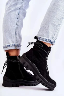 Best Zamszowe Wiosenne Botki Trapery Z Przeszyciami Czarne Layden Damskie Botki Wiosenne|Damskie Trapery