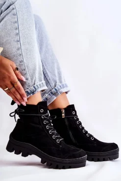 Best Zamszowe Wiosenne Botki Trapery Z Przeszyciami Czarne Layden Damskie Botki Wiosenne|Damskie Trapery