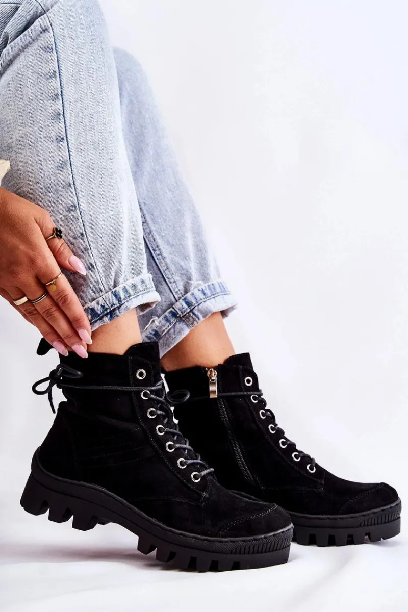 Best Zamszowe Wiosenne Botki Trapery Z Przeszyciami Czarne Layden Damskie Botki Wiosenne|Damskie Trapery