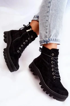 Best Zamszowe Wiosenne Botki Trapery Z Przeszyciami Czarne Layden Damskie Botki Wiosenne|Damskie Trapery