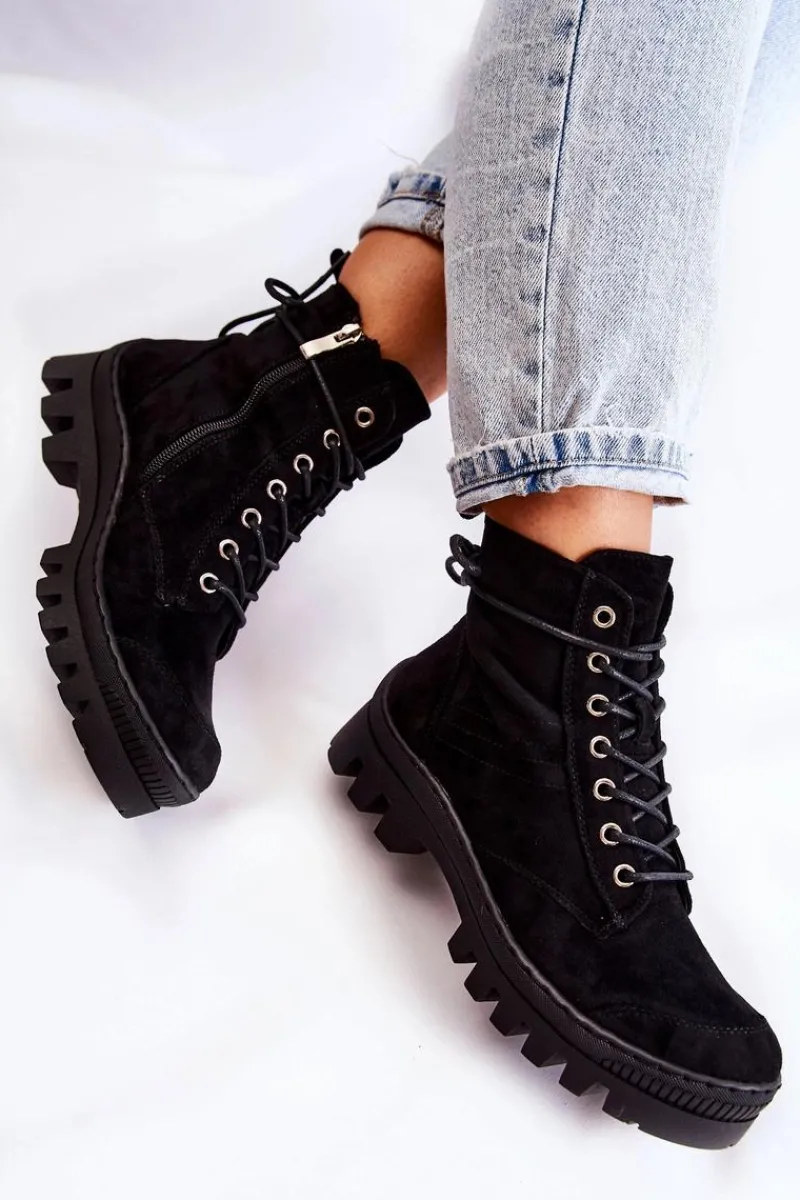 Best Zamszowe Wiosenne Botki Trapery Z Przeszyciami Czarne Layden Damskie Botki Wiosenne|Damskie Trapery