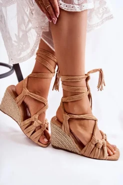 Clearance Boto Zamszowe Wiązane Sandały Na Koturnie Beżowe Flavia Beżowy