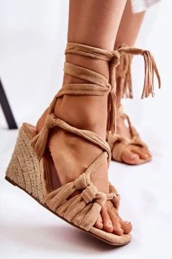 Clearance Boto Zamszowe Wiązane Sandały Na Koturnie Beżowe Flavia Beżowy