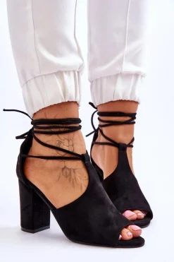 Sale Zamszowe Wiązane Sandały Na Obcasie Czarne Sophie Damskie Sandały Na Obcasie