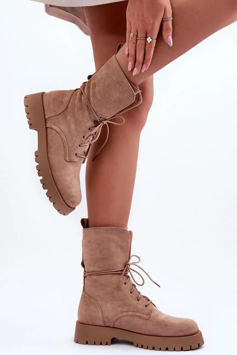 Outlet Boto Zamszowe Workery Botki Na Płaskim Obcasie Beżowe Jence