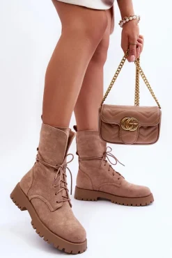 Outlet Boto Zamszowe Workery Botki Na Płaskim Obcasie Beżowe Jence