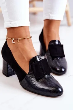 Clearance Zamszowe Wężowe Czółenka Czarne Diana Damskie Czółenka Zamszowe|Czółenka Na Słupku