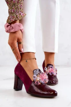 Czółenka Zamszowe|Czółenka Klasyczne>Boto Zamszowe Wężowe Czółenka Z Ozdobą Bordowe Mallory