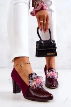 Czółenka Zamszowe|Czółenka Klasyczne>Boto Zamszowe Wężowe Czółenka Z Ozdobą Bordowe Mallory