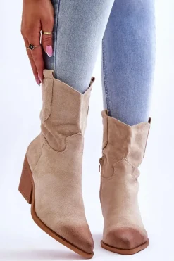 New Zamszowe Wsuwane Botki Kowbojki Beżowe Sevilla Damskie Botki Wiosenne|Botki Na Słupku