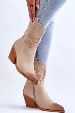 New Zamszowe Wsuwane Botki Kowbojki Beżowe Sevilla Damskie Botki Wiosenne|Botki Na Słupku