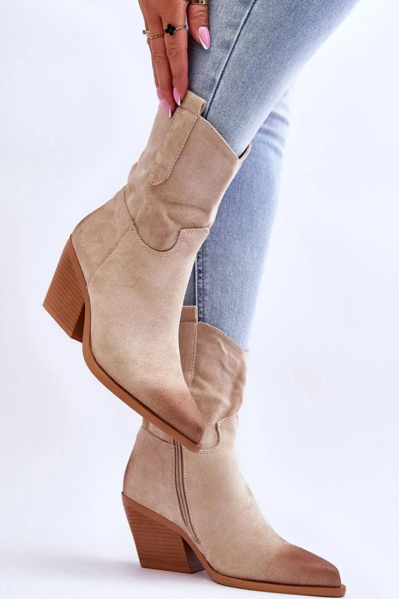New Zamszowe Wsuwane Botki Kowbojki Beżowe Sevilla Damskie Botki Wiosenne|Botki Na Słupku