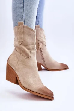New Zamszowe Wsuwane Botki Kowbojki Beżowe Sevilla Damskie Botki Wiosenne|Botki Na Słupku