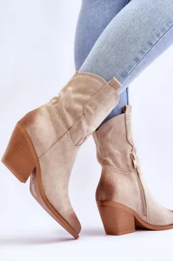 New Zamszowe Wsuwane Botki Kowbojki Beżowe Sevilla Damskie Botki Wiosenne|Botki Na Słupku