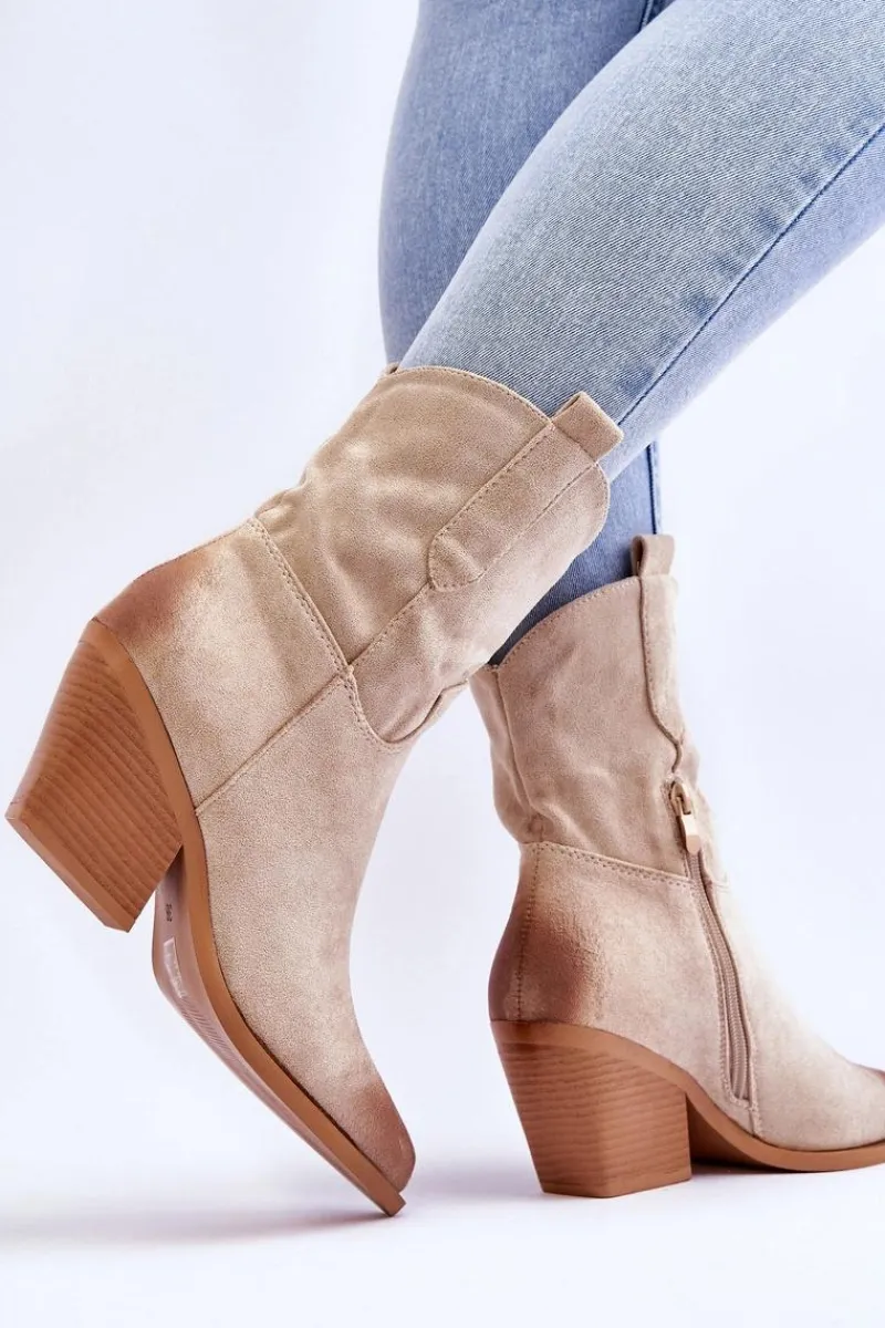 New Zamszowe Wsuwane Botki Kowbojki Beżowe Sevilla Damskie Botki Wiosenne|Botki Na Słupku
