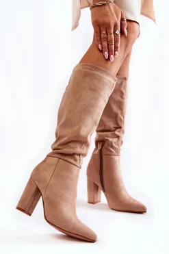 New Boto Zamszowe Wsuwane Kozaki Na Obcasie Beżowe Miriam