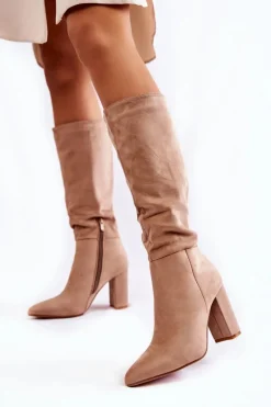 New Boto Zamszowe Wsuwane Kozaki Na Obcasie Beżowe Miriam