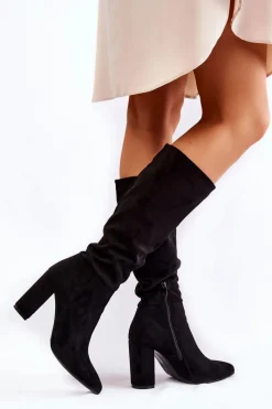 Hot Zamszowe Wsuwane Kozaki Na Obcasie Czarne Miriam Damskie Kozaki Wiosenne|Kozaki Przed Kolano