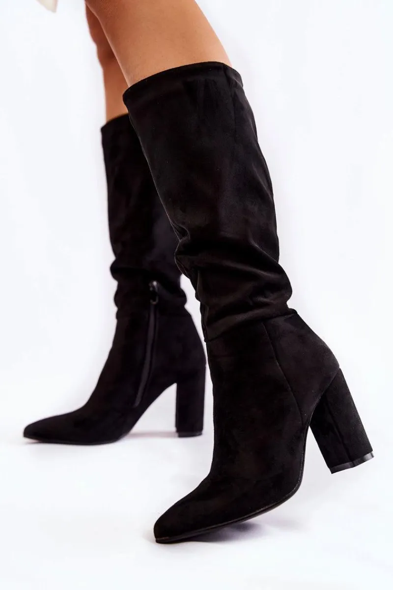 Hot Zamszowe Wsuwane Kozaki Na Obcasie Czarne Miriam Damskie Kozaki Wiosenne|Kozaki Przed Kolano