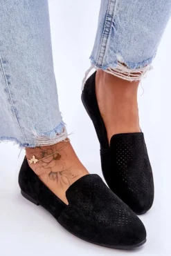 Clearance Zamszowe Wygodne Mokasyny Czarne Giovana Damskie Loafersy Damskie|Mokasyny Płaskie
