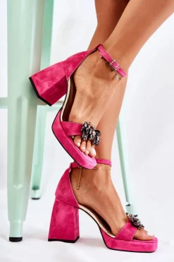 Sandały Na Obcasie>Boto Zamszowe Wygodne Sandały Z Kryształami Fuksja Absence