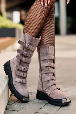 Clearance Zamszowe Wysokie Botki Workery Z Paskami Ciemnobeżowe Elnatea Damskie Botki Zimowe Damskie|Brązowe I Beżowe Botki