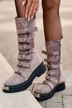 Clearance Zamszowe Wysokie Botki Workery Z Paskami Ciemnobeżowe Elnatea Damskie Botki Zimowe Damskie|Brązowe I Beżowe Botki