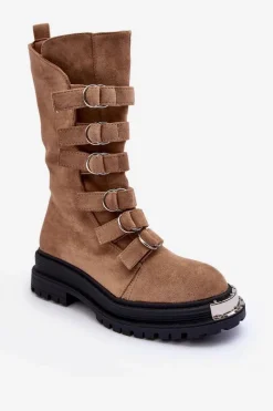 Botki Zimowe Damskie|Brązowe I Beżowe Botki>Boto Zamszowe Wysokie Botki Workery Z Paskami Beżowe Elnatea