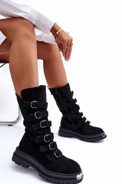 Boto Zamszowe Wysokie Botki Workery Z Paskami Czarne Elnatea