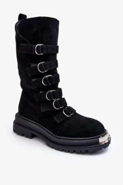 Boto Zamszowe Wysokie Botki Workery Z Paskami Czarne Elnatea