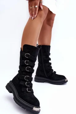 Boto Zamszowe Wysokie Botki Workery Z Paskami Czarne Elnatea