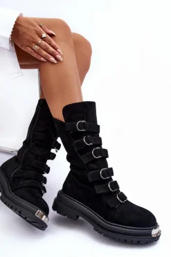Boto Zamszowe Wysokie Botki Workery Z Paskami Czarne Elnatea