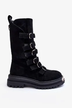 Boto Zamszowe Wysokie Botki Workery Z Paskami Czarne Elnatea
