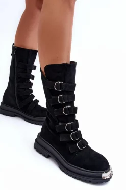 Boto Zamszowe Wysokie Botki Workery Z Paskami Czarne Elnatea