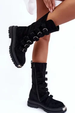 Boto Zamszowe Wysokie Botki Workery Z Paskami Czarne Elnatea