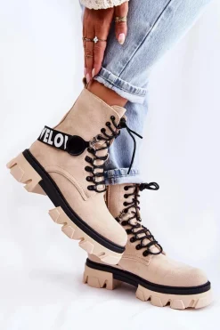 Sale Zamszowe Wysokie Botki Z Ociepleniem Beżowe Danity Damskie Damskie Trapery|Botki Sznurowane