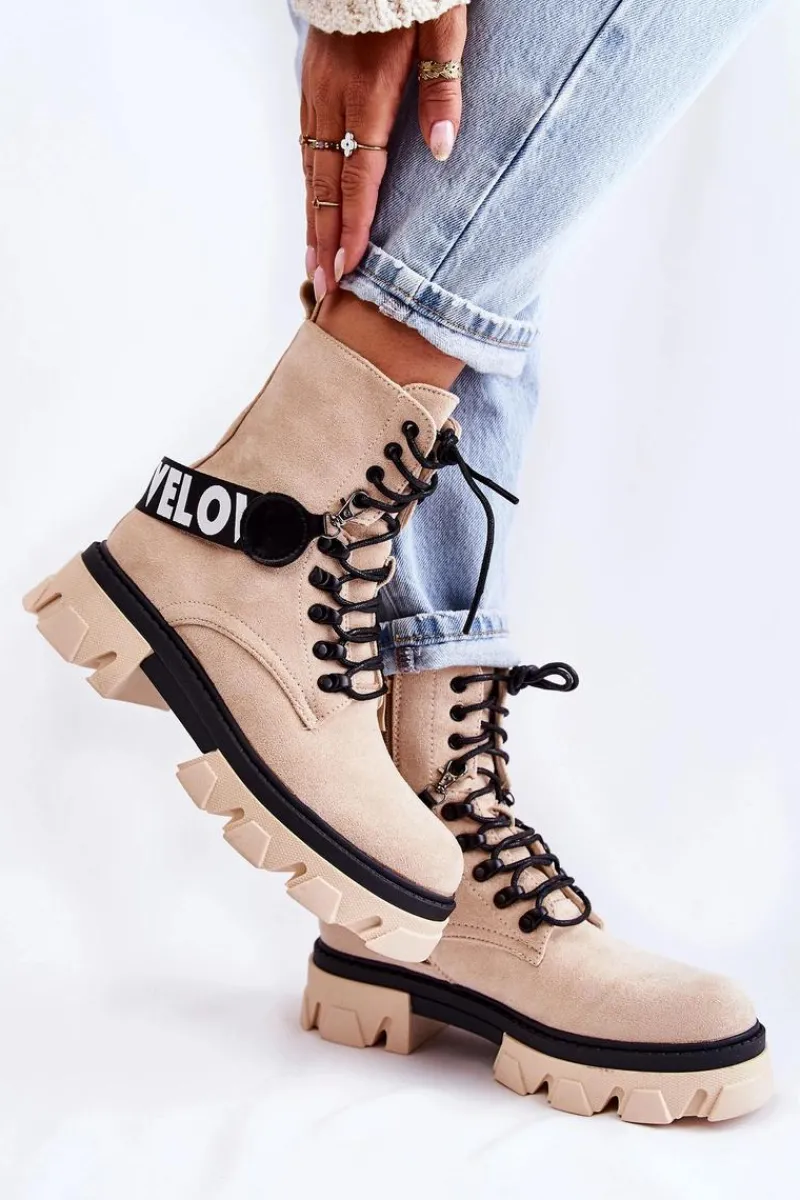Sale Zamszowe Wysokie Botki Z Ociepleniem Beżowe Danity Damskie Damskie Trapery|Botki Sznurowane