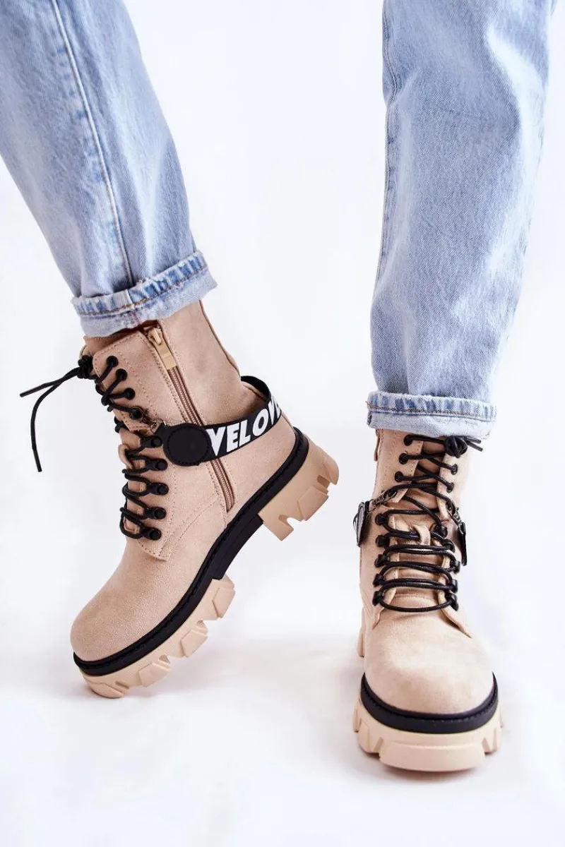 Sale Zamszowe Wysokie Botki Z Ociepleniem Beżowe Danity Damskie Damskie Trapery|Botki Sznurowane