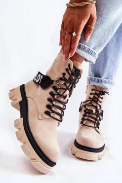 Sale Zamszowe Wysokie Botki Z Ociepleniem Beżowe Danity Damskie Damskie Trapery|Botki Sznurowane