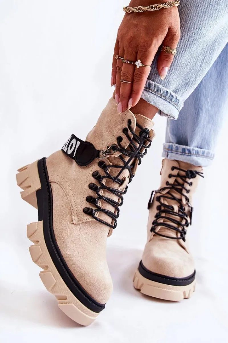 Sale Zamszowe Wysokie Botki Z Ociepleniem Beżowe Danity Damskie Damskie Trapery|Botki Sznurowane