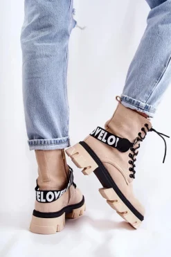 Sale Zamszowe Wysokie Botki Z Ociepleniem Beżowe Danity Damskie Damskie Trapery|Botki Sznurowane