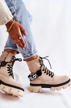 Sale Zamszowe Wysokie Botki Z Ociepleniem Beżowe Danity Damskie Damskie Trapery|Botki Sznurowane