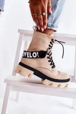 Sale Zamszowe Wysokie Botki Z Ociepleniem Beżowe Danity Damskie Damskie Trapery|Botki Sznurowane