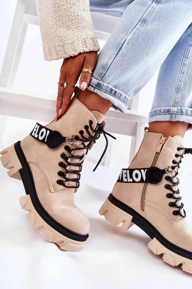 Sale Zamszowe Wysokie Botki Z Ociepleniem Beżowe Danity Damskie Damskie Trapery|Botki Sznurowane