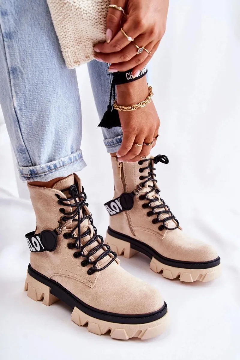 Sale Zamszowe Wysokie Botki Z Ociepleniem Beżowe Danity Damskie Damskie Trapery|Botki Sznurowane