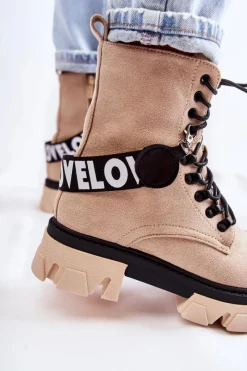 Sale Zamszowe Wysokie Botki Z Ociepleniem Beżowe Danity Damskie Damskie Trapery|Botki Sznurowane