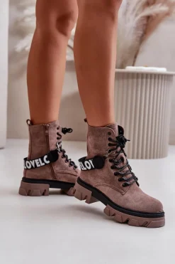 Best Zamszowe Wysokie Botki Z Ociepleniem Jasnobrązowe Danity Damskie Damskie Trapery|Botki Sznurowane