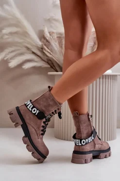 Best Zamszowe Wysokie Botki Z Ociepleniem Jasnobrązowe Danity Damskie Damskie Trapery|Botki Sznurowane