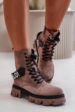 Best Zamszowe Wysokie Botki Z Ociepleniem Jasnobrązowe Danity Damskie Damskie Trapery|Botki Sznurowane